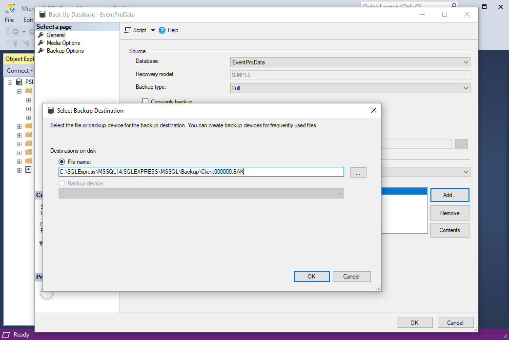 Screenshot of selecting the backup destination for the database backup