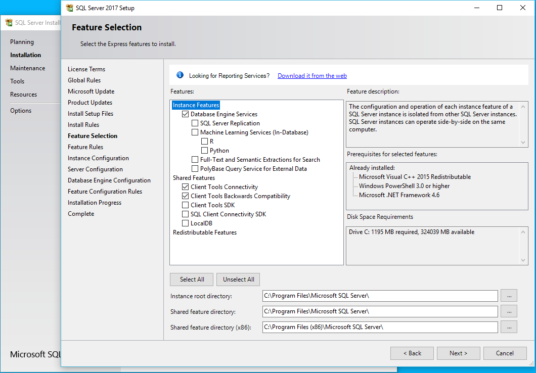 Screenshot of feature selection in SQL Server Setup for EventPro Software installation