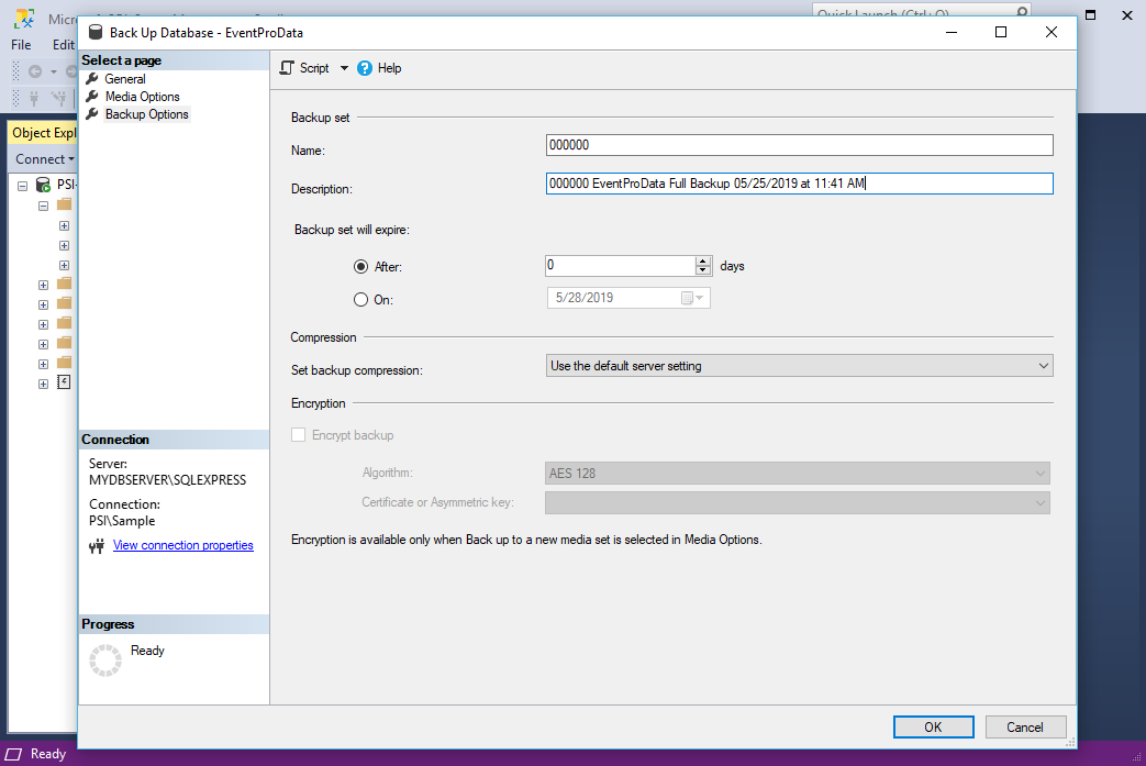 Screenshot of database backup options including Description