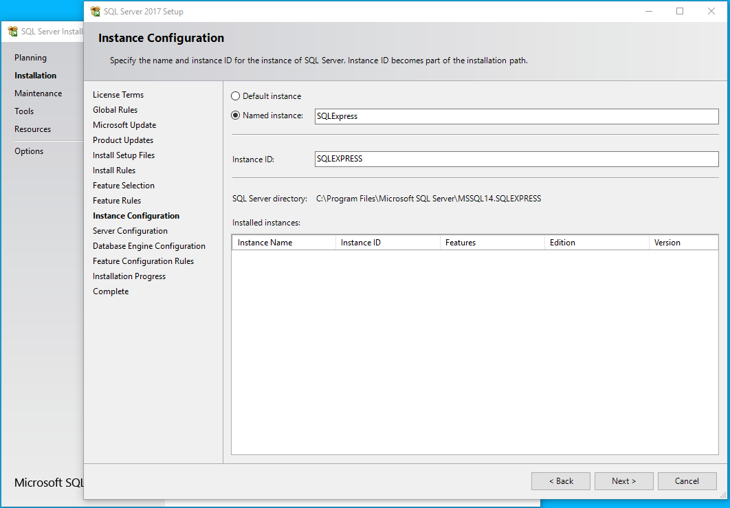 Screenshot of instance configuration in SQL Server Setup for EventPro Software