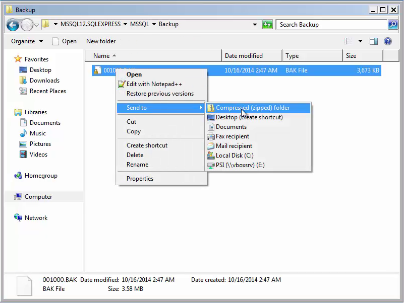Screenshot of right-click menu options to send the database to compressed zipped folder