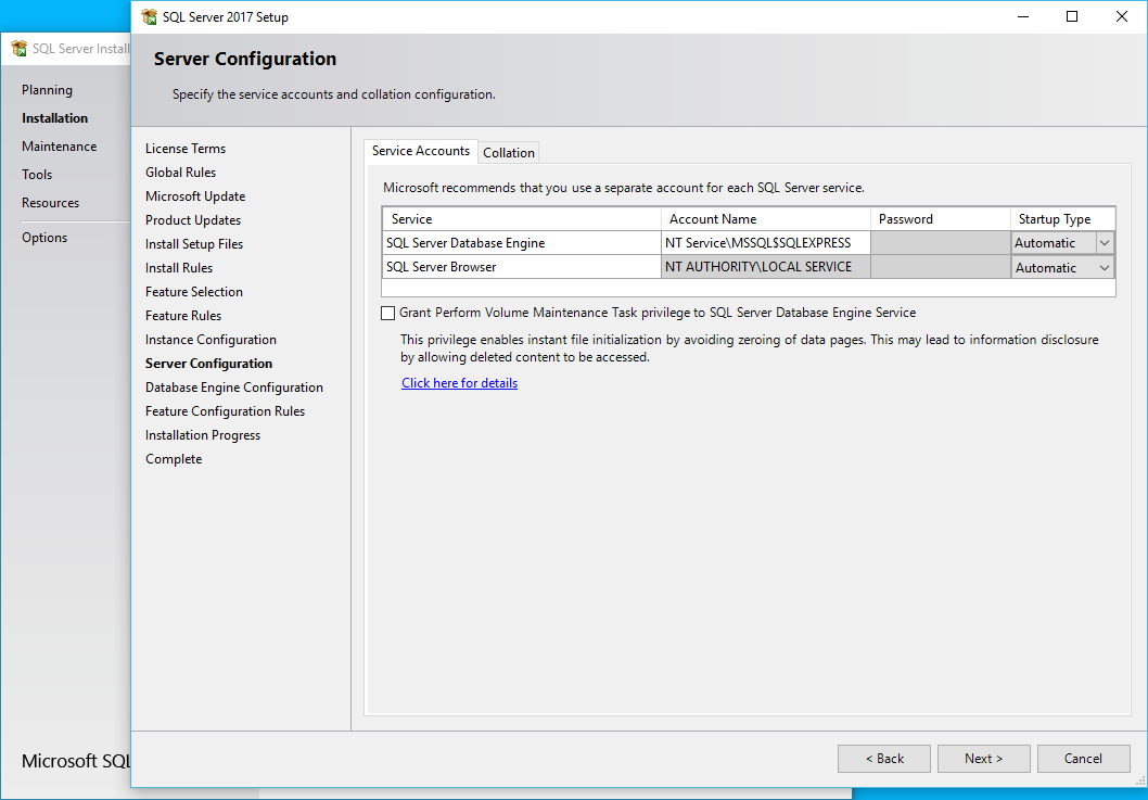 Screenshot of server configuration service accounts in SQL Server Setup for EventPro Software