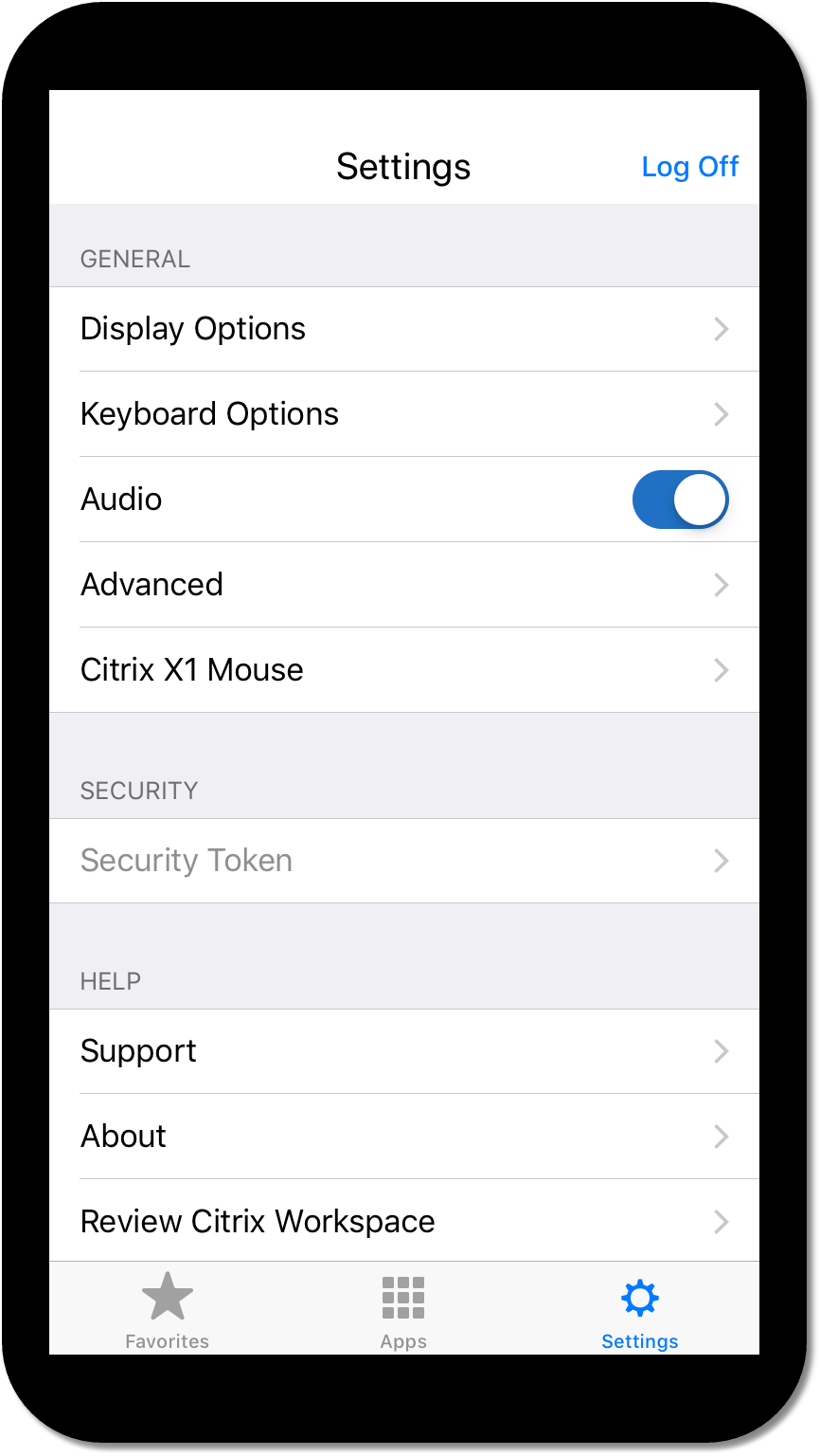 Screenshot of Citrix WorkSpace settings on mobile phone