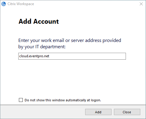 Screenshot of adding account to Citrix Workspace