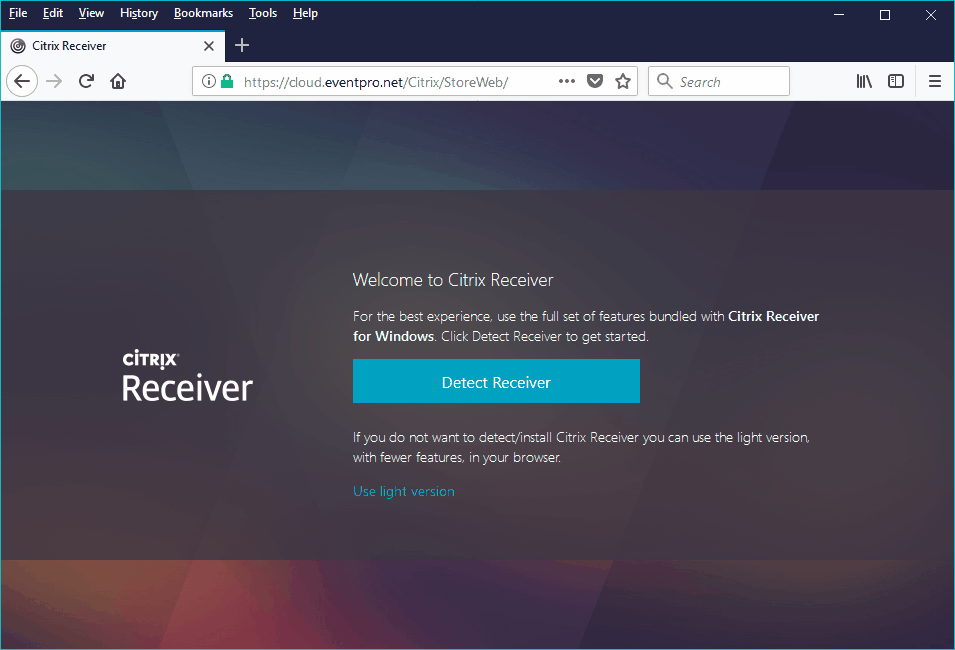 Screenshot of Citrix offering to detect receiver or use light version of Citrix