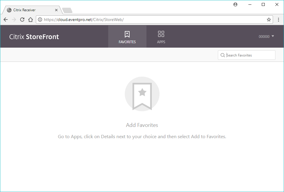 Screenshot of Citrix Storefront before adding apps