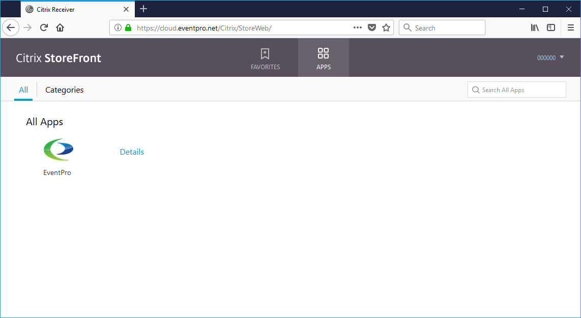Screenshot of Citrix StoreFront All Apps area containing EventPro app