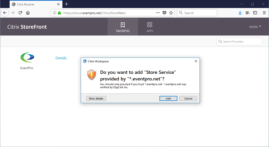 Screenshot of prompt asking whether to add Store Service provided by EventPro.net