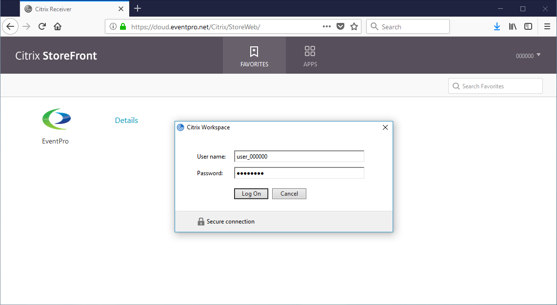 Screenshot of entering Citrix Workspace login credentials