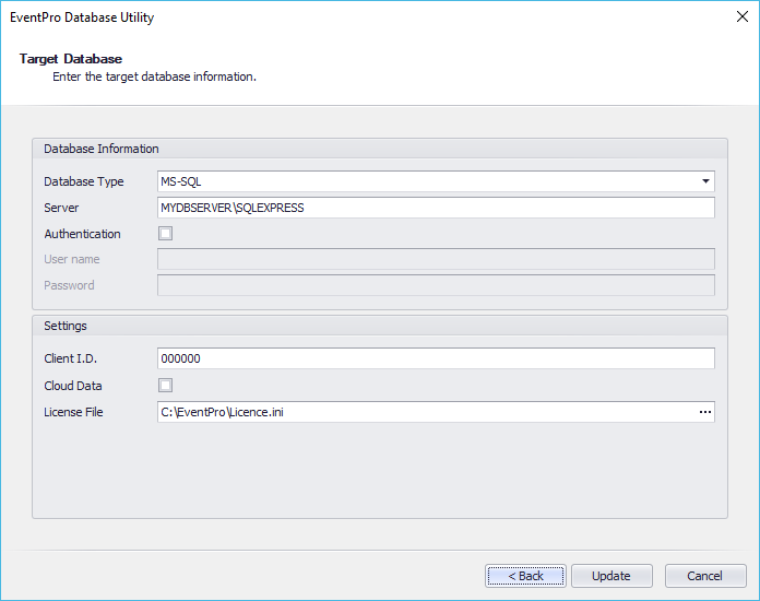 Target Database for updating License in Master Database in EventPro Database Utility Wizard