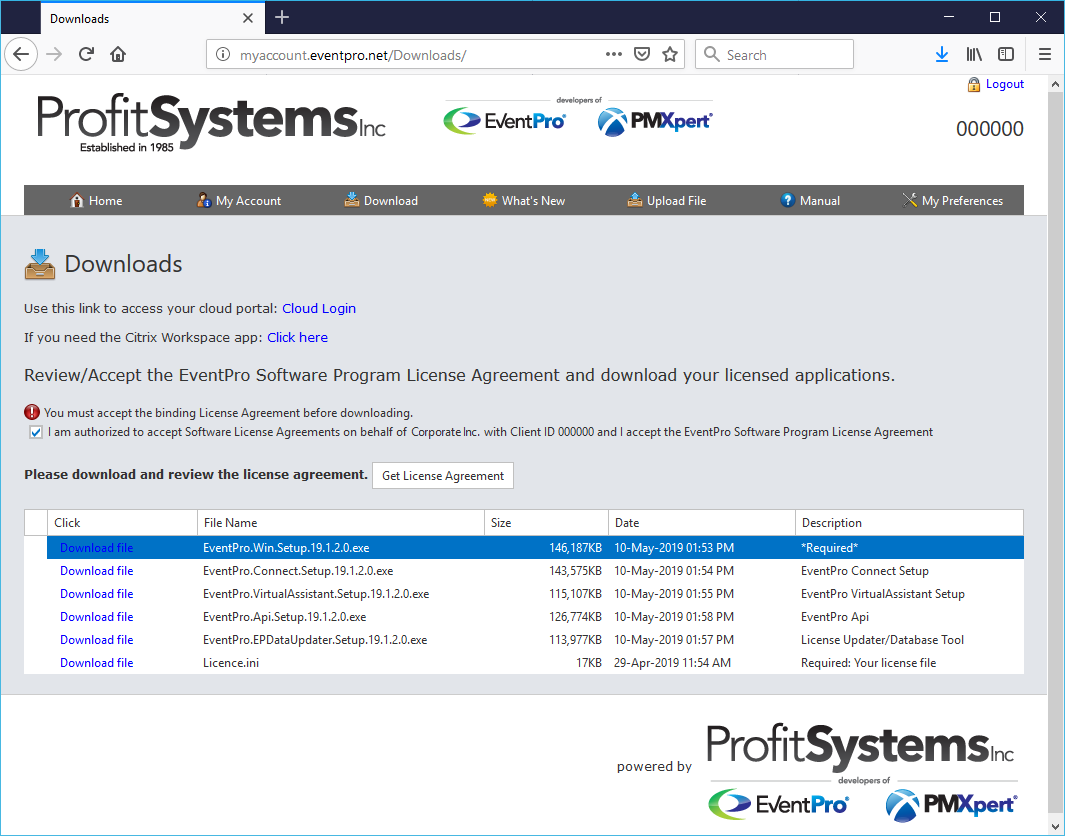 Screenshot of EventPro Software downloads on Client Login website