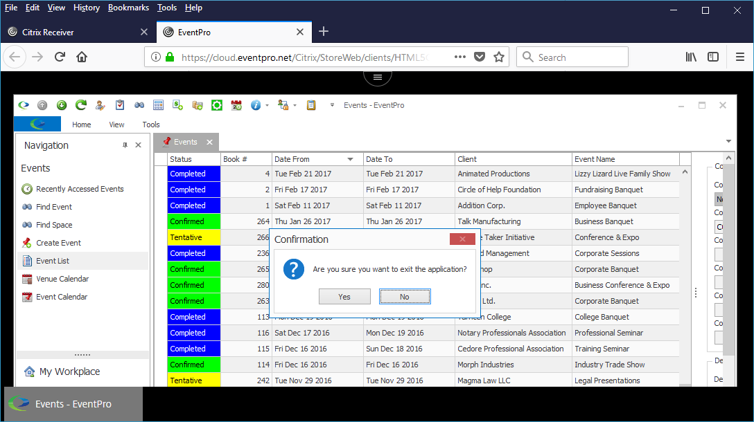 Screenshot of confirmation dialog when closing EventPro Cloud from Citrix light version