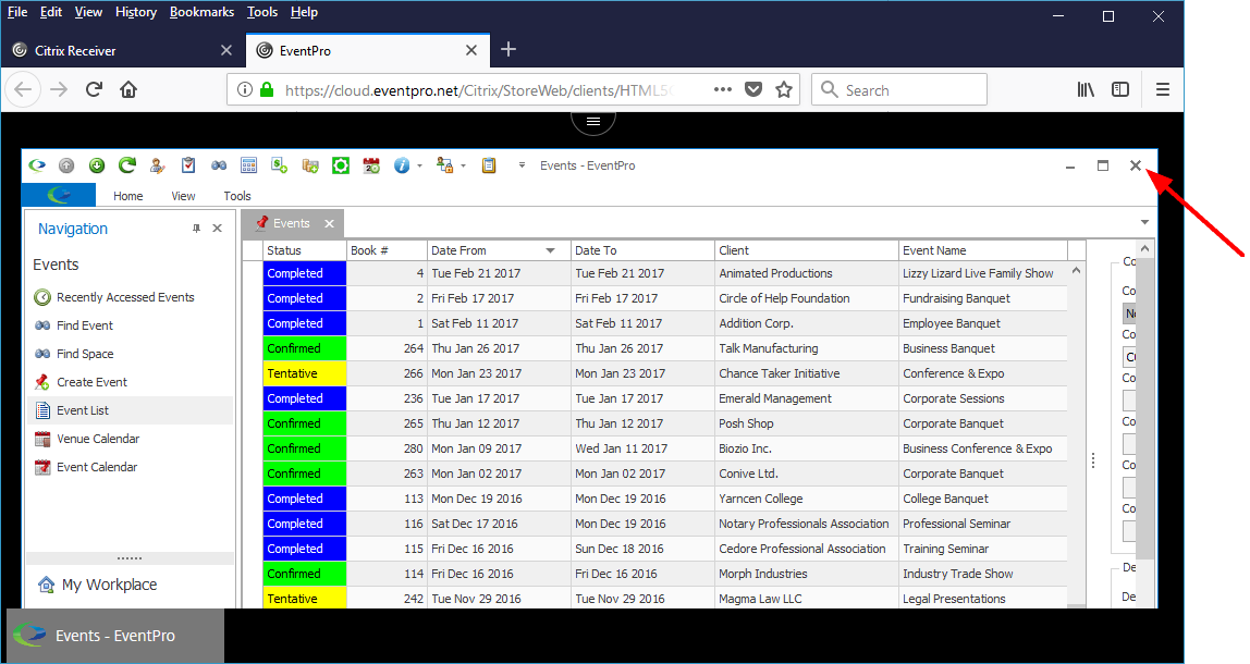 Screenshot of closing EventPro Cloud from light version of Citrix