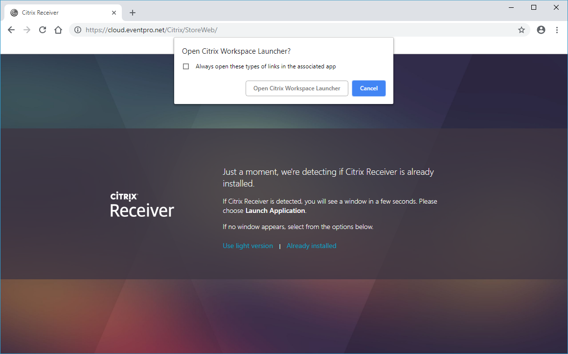 Screenshot of browser asking whether to open Citrix Workspace launcher