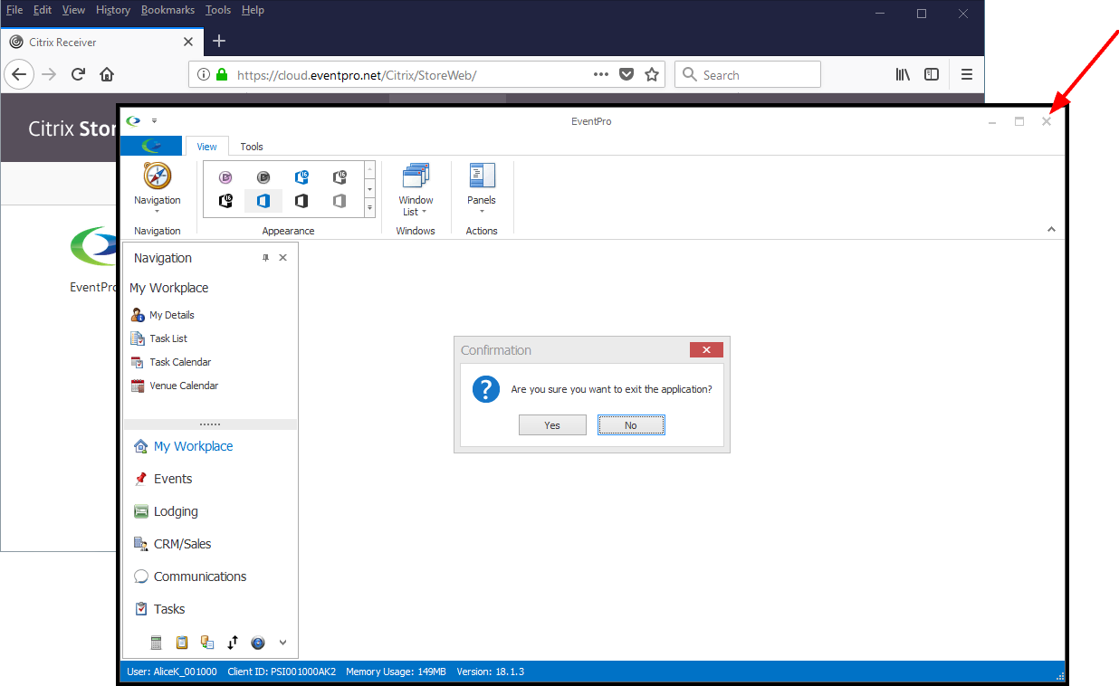 Screenshot of exiting the EventPro Cloud application window