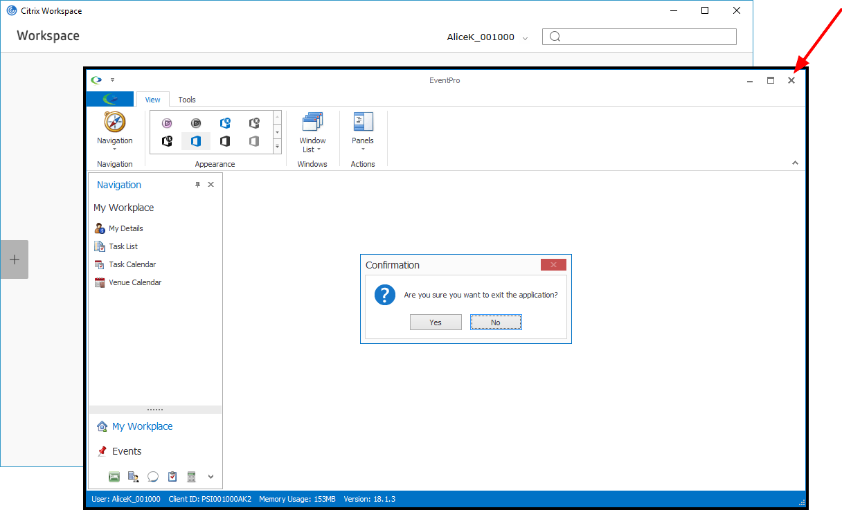 Screenshot of exiting the EventPro Cloud application window
