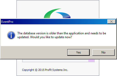 Screenshot of EventPro Cloud dialog asking whether to update database version