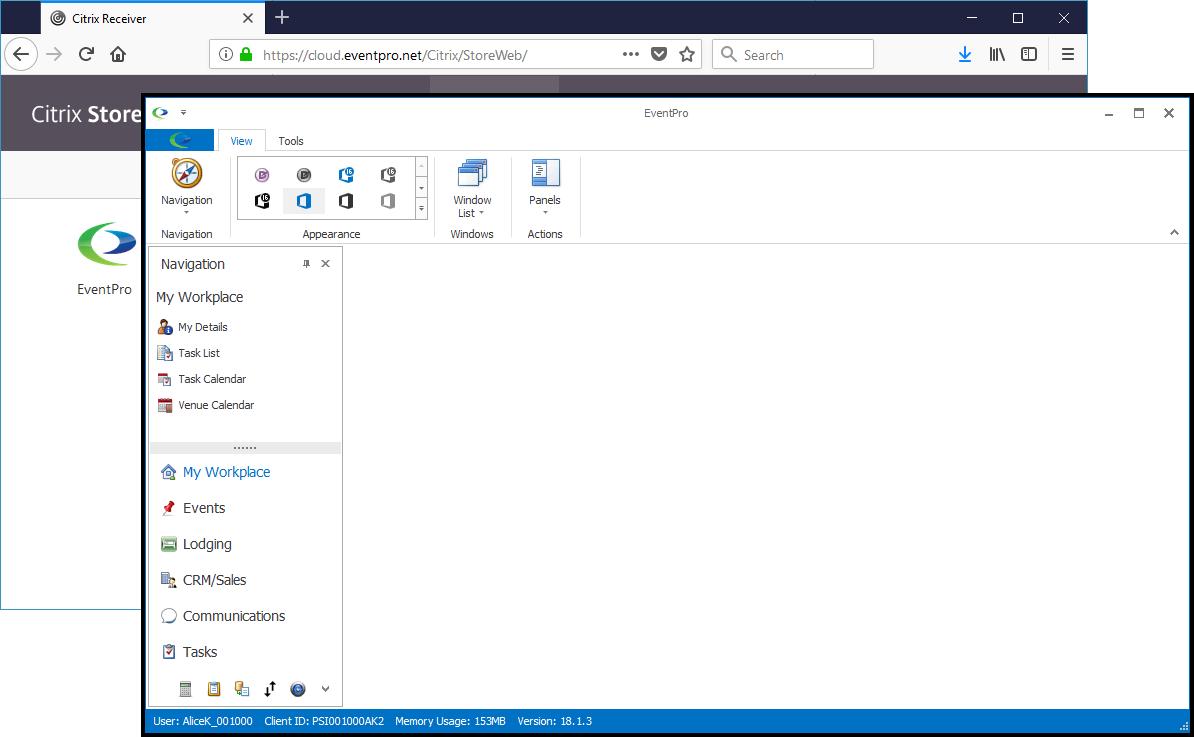 Screenshot of EventPro Cloud in separate window from Citrix StoreFront in browser